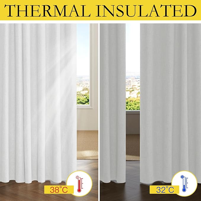 NICETOWN 100% Absolutely Blackout Linen Curtains with Thermal Insulated Liner, Greyish White, 62" Wide, 108" Length Energy Saving Curtains for Living Room 2 Panels Set, Vertical Blinds