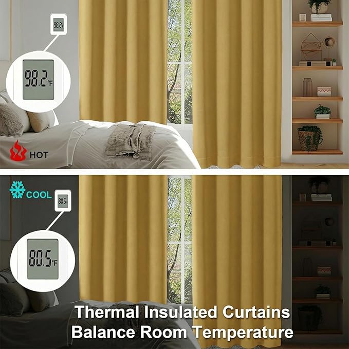 Simplebrand Ava Bright Gold Blackout Curtains for Bedroom 84 Inch Length 2 Panels Set, Solid Thermal Insulated Privacy Nursery Window Treatment Curtains Blackout Drapes, W40 x L84 Inch, Bright Gold
