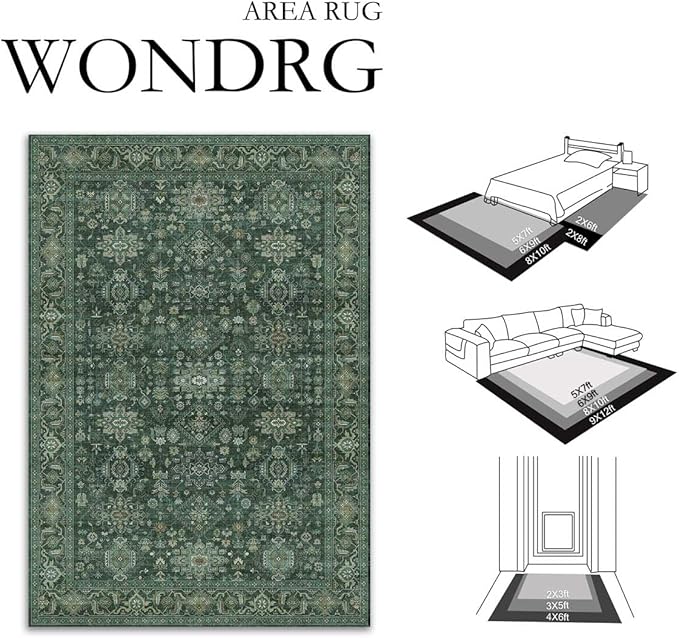 9x12 Washable Area Rug for Living Room Bedroom Vintage Green Non Slip Carpet Traditional Retro Soft Low Pile Large Throw Rug for Dining Room Kitchen Office Indoor