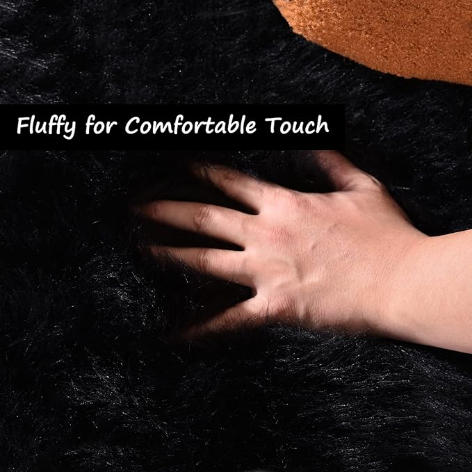 Goolela Black Sheepskin Area Rug 8x10 Fluffy Fuzzy Furry Shag Carpet for Living Room Bedroom Faux Fur Plush Rectangle