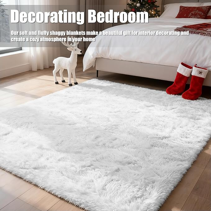 Shag Area Rug for Bedroom 5x8,White Fluffy Area Rugs for Living Room,Soft Fuzzy Rug Non-Shedding Indoor Plush Carpet for Kids Bedroom Nursery Dorm Home Decor