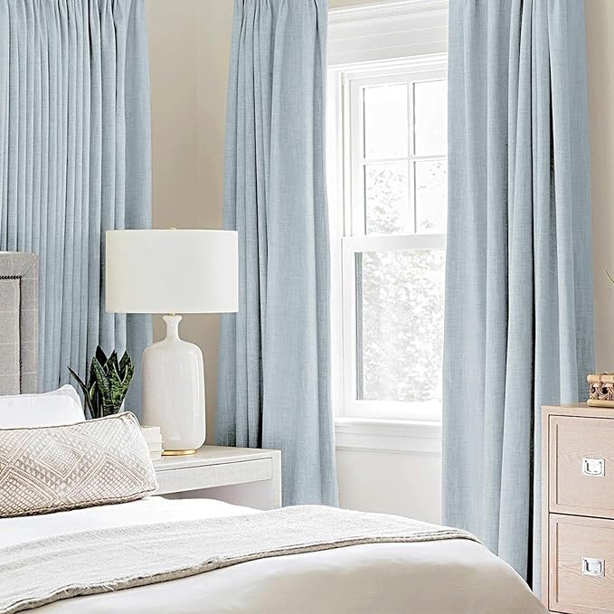 MIULEE Linen Textured Curtains Solid 100% Blackout for Bedroom Thermal Insulated Chambray Blue Grommet Room Darkening Curtains & Drapes Luxury Decor for Living Room Nursery 52 x 72 Inch (2 Panels)