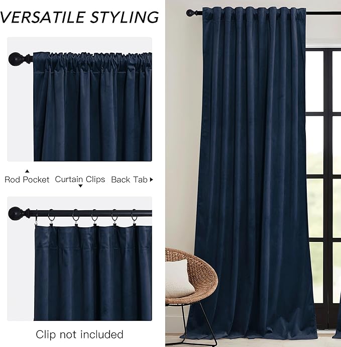 RYB HOME Navy Blue Velvet Curtains 102 inches with Hook Belt, Soft Fabric Room Darkening Thermal Insulated Luxurious Home Decor Curtains for Living Room Bedroom, W 52" x L 102", 2 Panels Set