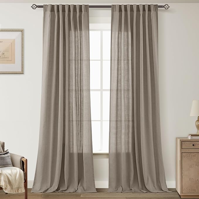 Taupe Linen Curtains 108 inches Long for Living Room Back Tab Rustic Farmhouse Semi Sheer Light Filtering Window Curtain Dining Room Soft Thick Flax Linen Textured Drapes Burlywood Birch Dark Brown