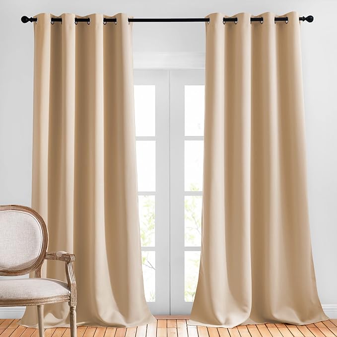 NICETOWN Bedroom Sunlight Block Curtains - Triple Weave Microfiber Grommet Top Thermal Insulated Solid Light Blinds Panels/Drapes for Kid's Room (Biscotti Beige, 1 Pair, 52 inches by 95 Inch)