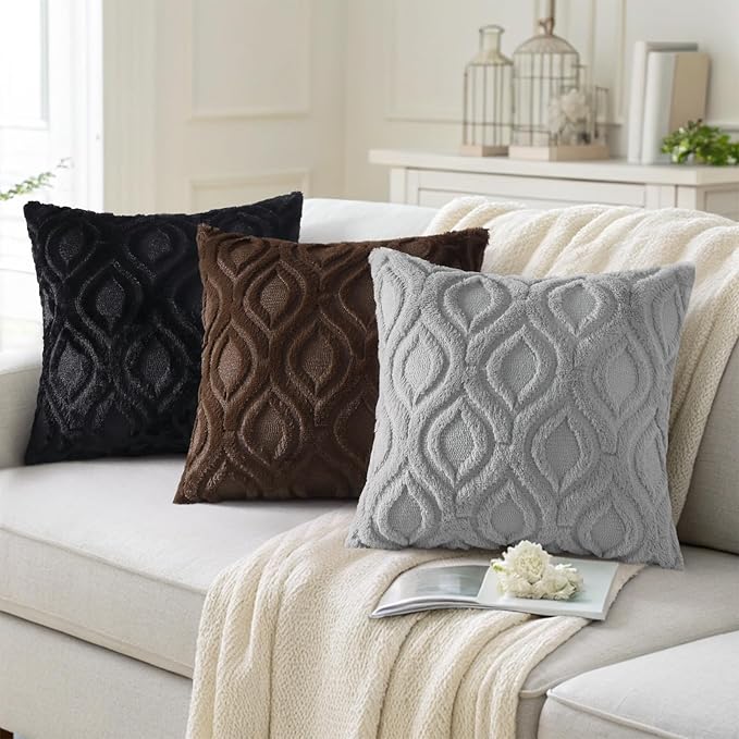 decorUhome Throw Pillow Covers 22x22 Inch Set of 2, Soft Plush Faux Wool Dark Brown Solid Couch Pillow Covers, Accent Euro Sham Farmhouse Neutral Square Pillow Cases for Sofa Bed Living Room