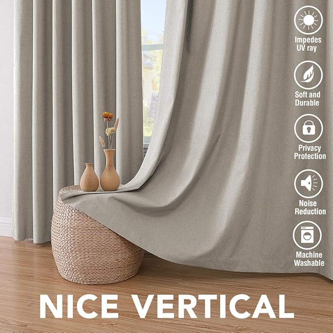 H.VERSAILTEX Linen Blackout Curtains 108 Inches Long 100% Blackout Thermal Insulated Textured Linen Look Curtain Draperies Anti-Rust Grommet, Energy Saving with White Liner, 2 Panels, Stone
