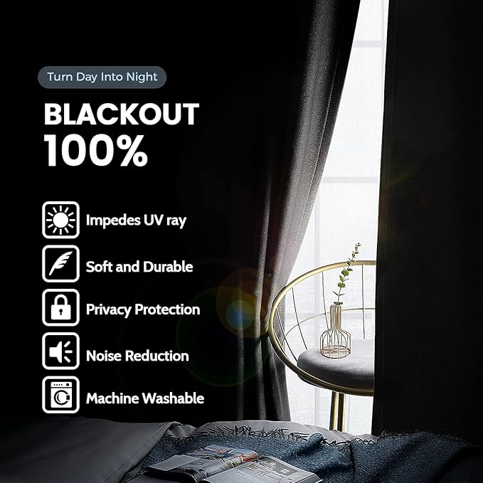SimpleHome 100% Blackout Curtains for Bedroom,Thermal Insulated Black Grommet Window Drapes Room Darkening Curtains for Living Room with Black Back,52 x 72 Inch,2 Panels