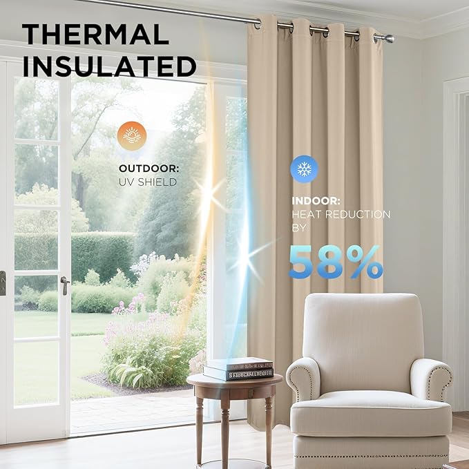 Joydeco Blackout Curtains 45 Inch Length 2 Panels Set, Thermal Insulated Long Curtains& Drapes 2 Burg, Room Darkening Grommet Drapes for Living Room Bedroom Window (W52 x L45 Inch, Light Beige)
