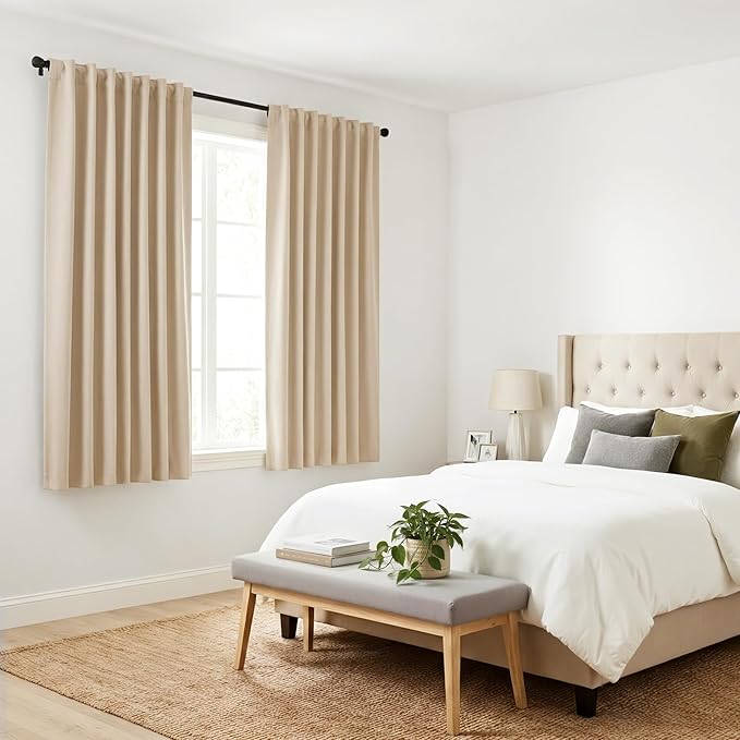 PONY DANCE Beige Valances Tiers for Kitchen - Short Room Darkening Small Curtains for Half Cafe Basement/Bathroom, 42 W x 36 Inches L, Biscotti Beige, Double Panels
