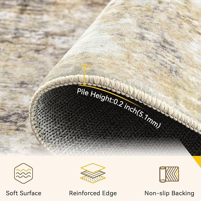 Washable Area Rugs 9'x12' Non-Slip Modern Abstract Soft for Living Room Entryway Bedroom Nursery, Print Pattern, Neutral Brown Gray
