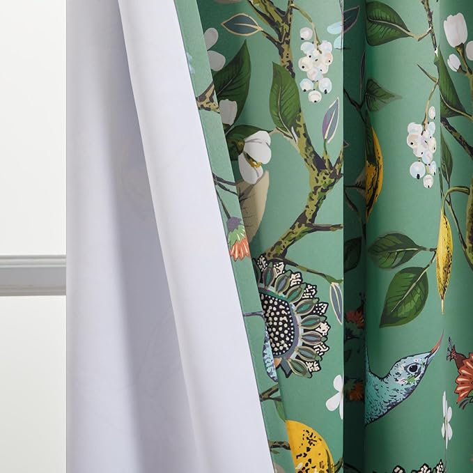 Topfinel 60 Inches Long Custom Sage Green Luxury Curtains for Living Room Bedroom, Blackout Vintage Victorian Curtains Floral Lemon Hummingbird Printed Grommet Drape 60 Inch Length