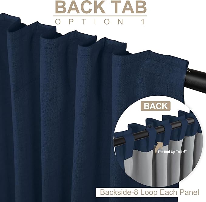 100% Blackout Shield Linen Blackout Curtains for Bedroom 120 Inches Long, Back Tab/Rod Pocket Living Room Drapes, Thermal Insulated Blackout Curtains 2 Panels Set, 50" W x 120" L, Midnight Blue