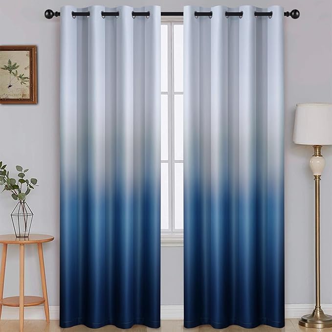 SimpleHome Ombre Room Darkening Curtains for Boys Bedroom, Light Blocking Gradient Grey White to Blue Thermal Insulated Grommet Window Curtains/Drapes for Living Room,2 Panels, 52x84 inches Length