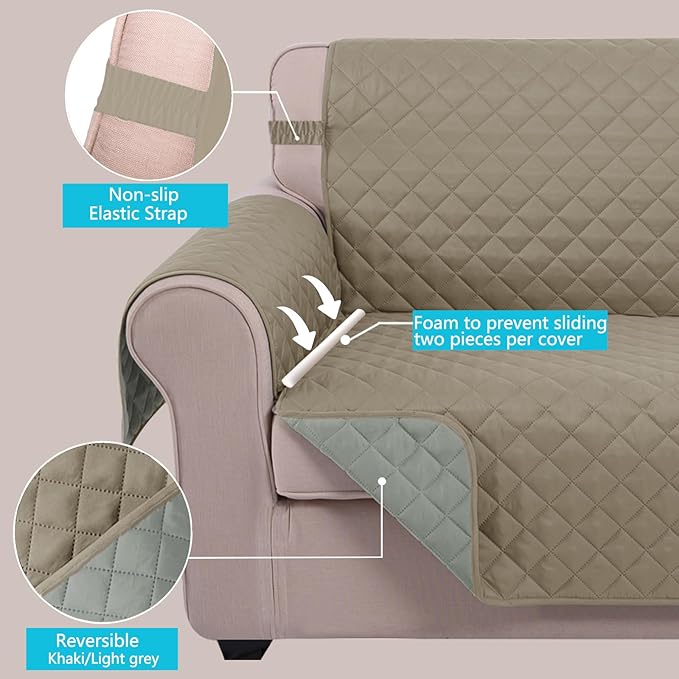 U-NICE HOME Reversible Sofa Cover Couch Cover for Dogs with Elastic Straps Water Resistant Furniture Protector for Pets Couch Cover for 3 Cushion Couch (Sofa, Khaki/Light Grey)