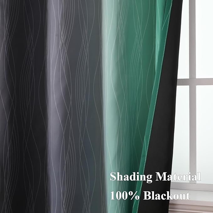 Estelar Textiler Black and Green Ombre Blackout Curtains 90 Inch Length for Living Room, Room Darkening Grommet Gradient Thermal Insulated Drapes for Bedroom,52Wx90L Inches, 2 Panels