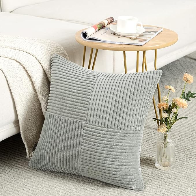 Fancy Homi 2 Packs Grey Big Decorative Throw Pillow Covers 24x24 Inch for Couch Bed, Rustic Farmhouse Boho Home Decor, Soft Corss Corduroy Patchwork Accent Square Gray Cushion Case 60x60 cm