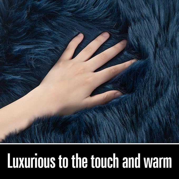 LOCHAS Soft Fluffy Faux Fur Rugs for Bedroom Bedside Rug 2x4 Feet, Washable, Furry Sheepskin Area Rug for Living Room Girls Room, Luxury Shag Carpet Home Decor, Light Navy