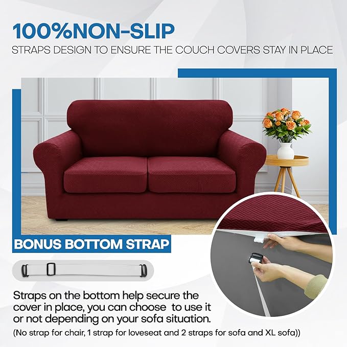 XINEAGE 2026 New 3 Pieces Couch Covers for 2 Cushion Sofa Super Stretch Loveseat Slipcover Pet Dog Universal Slip Cover Anti Slip Love Seat Furniture Protector (Wine Red, 55"-69")
