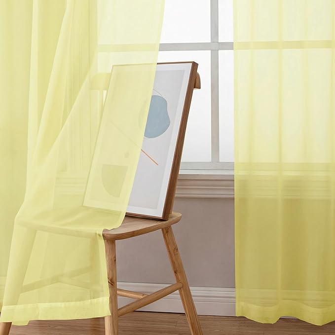 OWENIE Short Sheer Curtains for Bedroom Living Room 54 Inch Length 2 Panels Set, Soft Solid Light Filtering Sheer Curtain for Small Window, 2 Pcs Total 84 Width 54 Long, Light Yellow