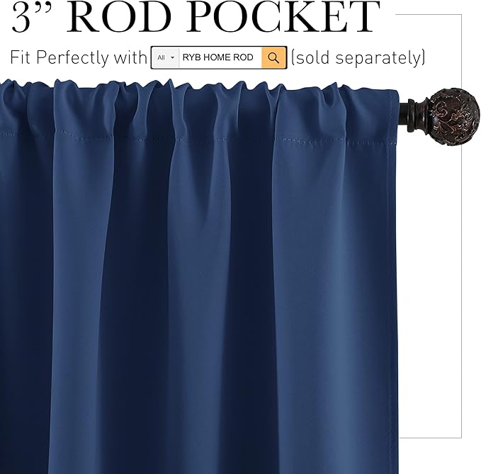RYB HOME Short Blackout Curtains for Bedroom, Room Darkening Insulated Summer Heat Light UV Blocking Energy Saving Drapes for Nursery, Width 34 by Length 45, Navy Blue, Set of 2