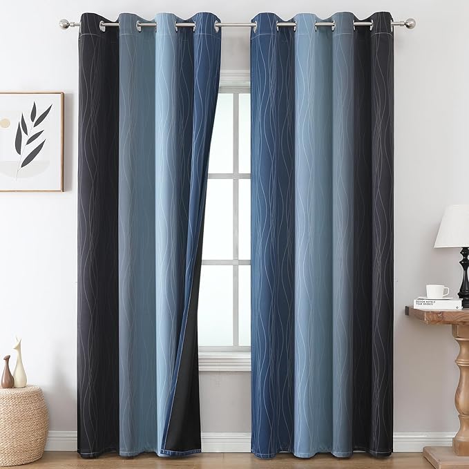 Estelar Textiler Navy Blue and Black Ombre Blackout Curtains 84 Inches Long 2 Panels, Thermal Insulated Gradient Drapes for Bedroom, Full Room Darkening Energy Saving Curtains for Living Room,52Wx84L