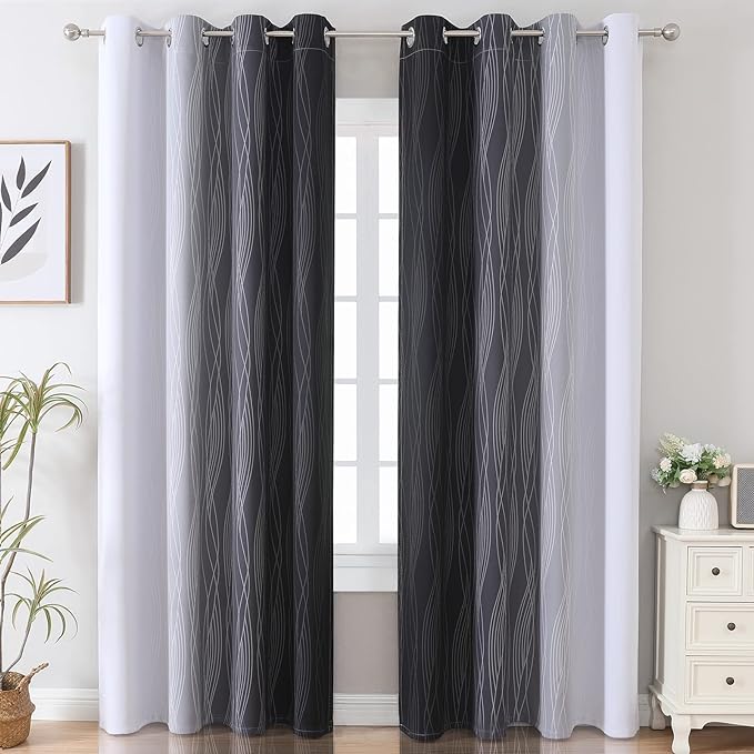 Estelar Textiler Thermal Insulated Blackout Curtains for Bedroom, Ombre Black and Greyish White Blackout Drapes for Living Room, Gradient Full Light Blocking Energy Saving Curtains, 52Wx96L, 2 Panels
