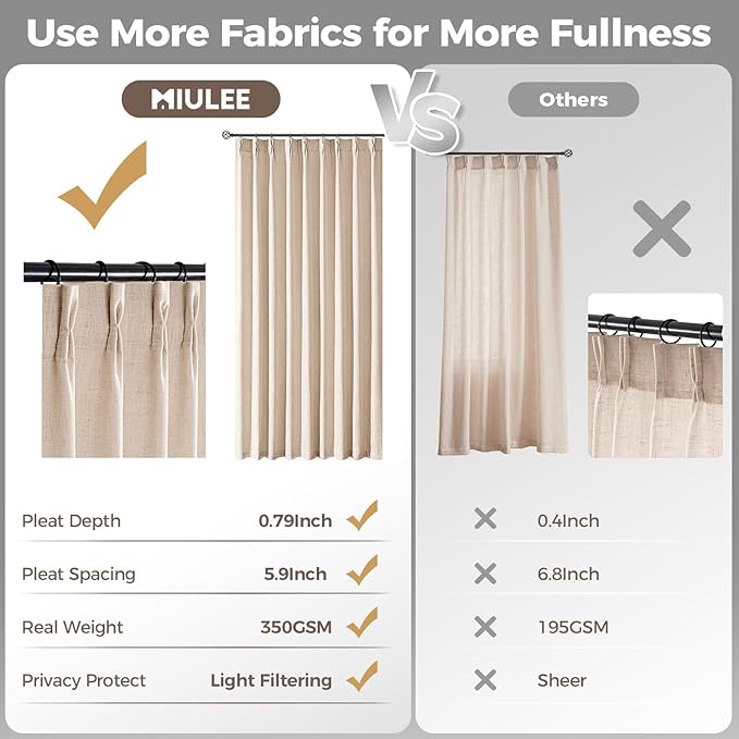 MIULEE Pinch Pleated Thick Linen Curtains 108 Inches Length 2 Panels for Living Room Bedroom, Extra Long Memory Trained Pinch Pleat Drapes Light Filtering Sand Beige Foor to Ceiling Curtains
