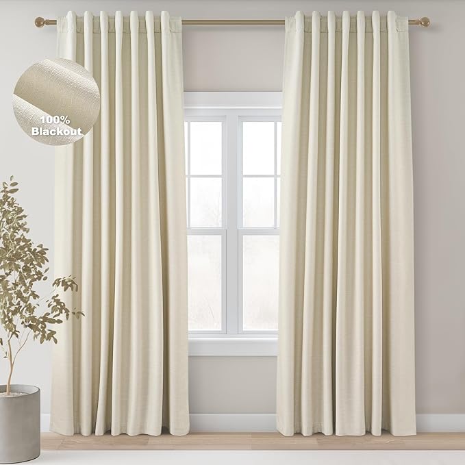 Topfinel 105 Inches Long Custom Black Out Thick Linen Drapery Panels, Cream White Pinch Pleated Heat Reflective Cottage Curtains with Pin Hooks, Luxury Lined Back Tab Drapes 2 Panels for Slider Door