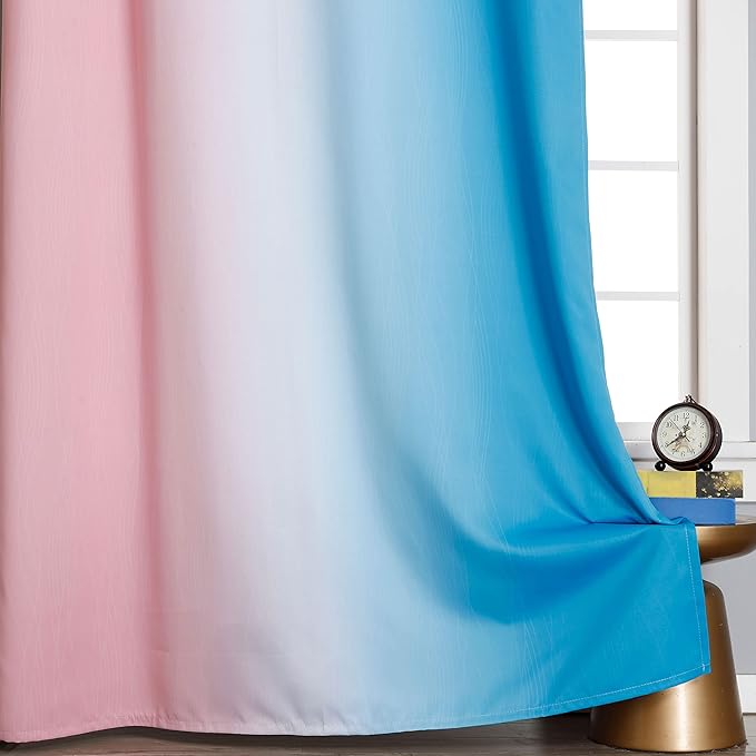 Pink and Blue Blackout Curtains 84 Inches Long,Ombre and Wave Line Pattern Grommet Thermal Insulated Gradient Blackout Curtains for Bedroom,Full Light Blocking Drapes for Kid Room,52x84 Inch,2 Panels