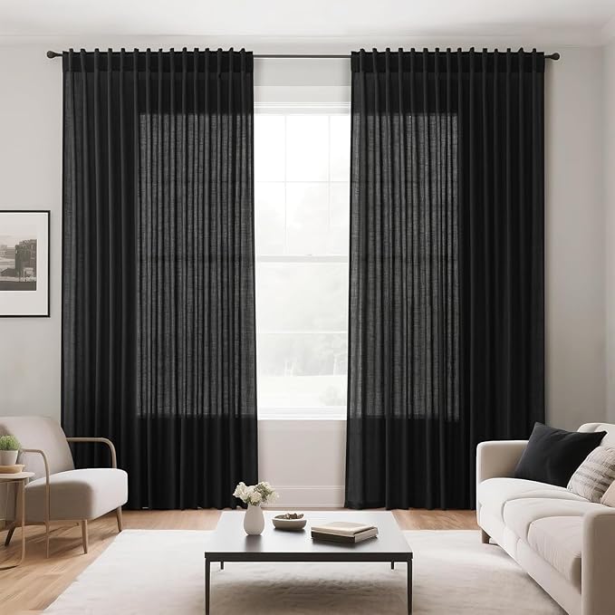 Black Sheer Linen Curtains 90 inch Length for Bedroom Back Tab Rod Pocket Modern Farmhouse Muslin Look Cotton Textured Black Window Curtains 90 inches Long for Dining Room Living Office 2 Panels