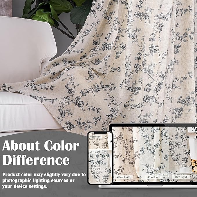 Lazzzy Farmhouse Linen Curtains Black Floral Curtains 84 Inch Length Back Tab Drapes for Living Room Bedroom Light Filtering Country Vintage Rod Pocket, 2 Panels, Black on Beige