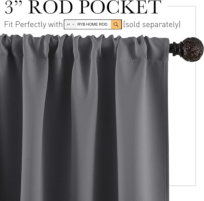 RYB HOME Basement Bathroom Kitchen Cafe Blackout Privacy Curtains, Short Insulating Light UV Heat Blocking Privacy Curtain Tiers for Laundry Room, Width 34 by Length 30, Grey, 2 Panels
