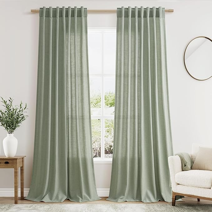 Desert Sage Linen Curtains 90 Inch Long 2 Panels Set for Bedroom Living Room Linen Textured Window Drapes Semi Sheer Light Filtering Rod Pocket Back Tab Cotton Textured Farmhouse Curtain 52x90