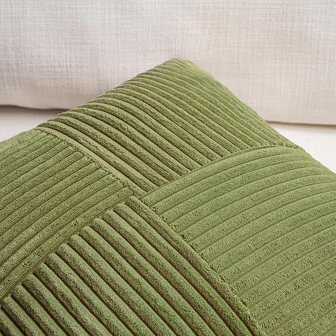 Fancy Homi 2 Packs Moss Green Samll Decorative Throw Pillow Covers 12x12 Inch with for Couch Bed Sofa, Rustic Farmhouse Boho Home Decor, Soft Corss Patchwork Corduroy Square Cushion Case 30x30 cm