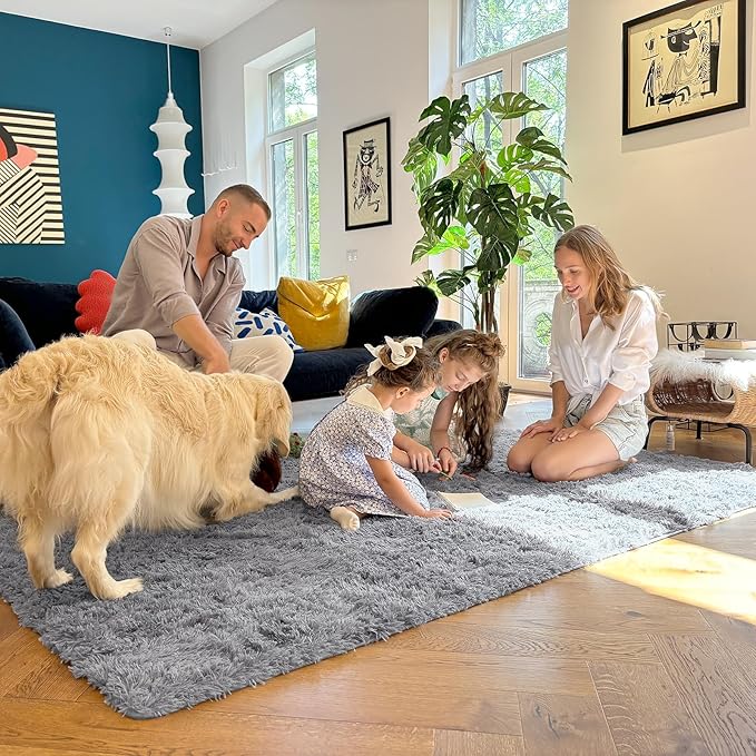 OLANLY 5x5 Area Rugs for Living Room Bedroom, Machine Washable Soft Fluffy Shaggy Bedside Rug, Indoor Floor Carpet for Kids Girls and Boys, Dorms, Nursery Rooms, Home Decor Aesthetic, Light Grey