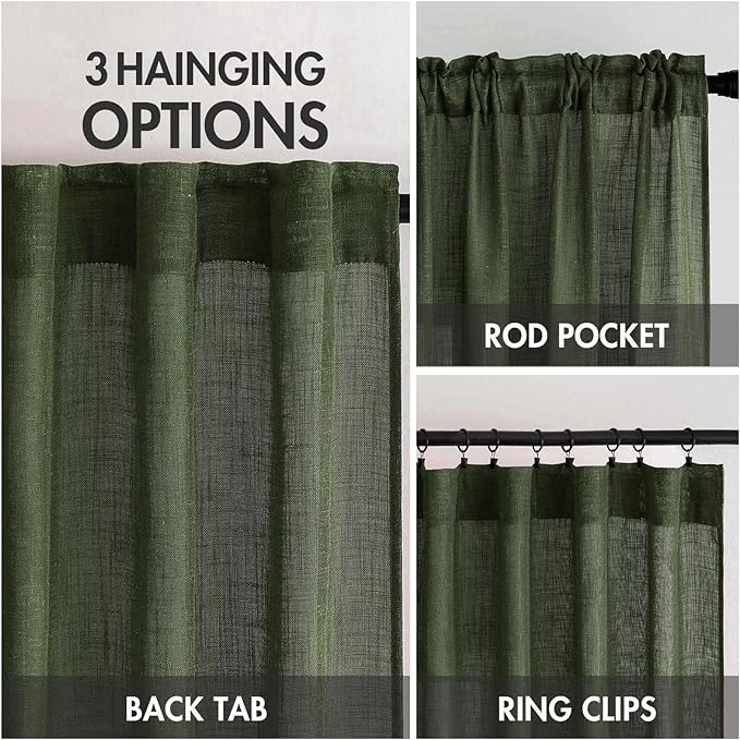 MIULEE Olive Green Linen Curtains 102 Inch Length 2 Panels for Bedroom Living Room, Soft Thick Linen Textured Window Drapes Semi Sheer Light Filtering Back Tab Rod Pocket Burlap Look Decor
