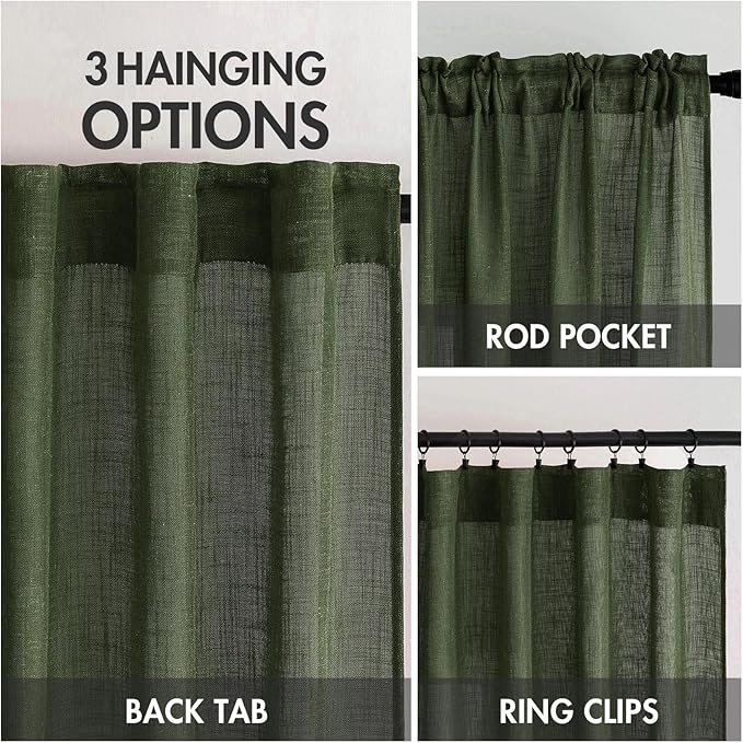 MIULEE Olive Green Linen Curtains 84 Inch Length 2 Panels for Bedroom Living Room, Soft Thick Linen Textured Natural Window Drapes Semi Sheer Light Filtering Back Tab Rod Pocket Burlap Look Decor