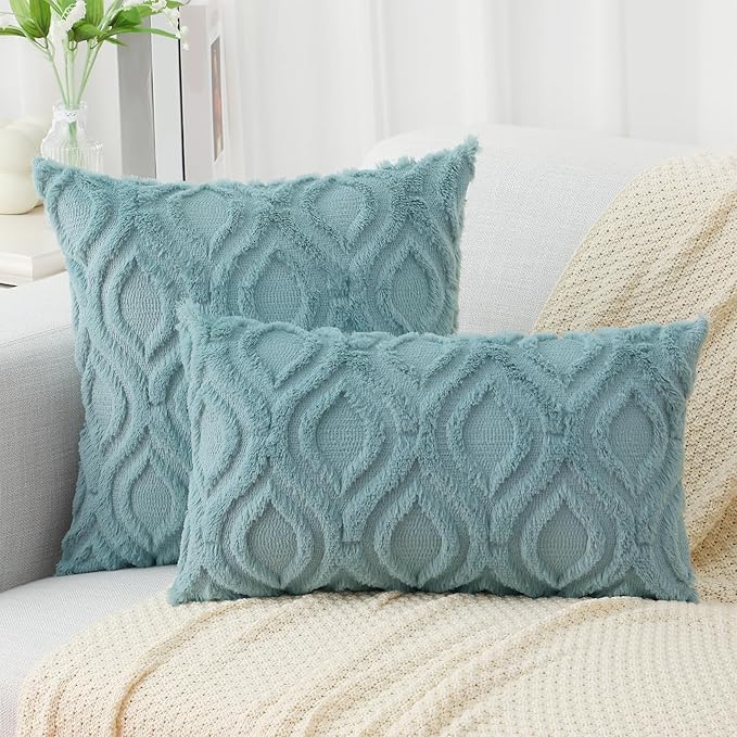 decorUhome Summer Throw Pillow Covers 26x26 Inch Set of 2, Soft Plush Faux Wool Aqua Solid Couch Pillow Covers, Accent Euro Sham Farmhouse Neutral Square Pillow Cases for Sofa Bed Living Room