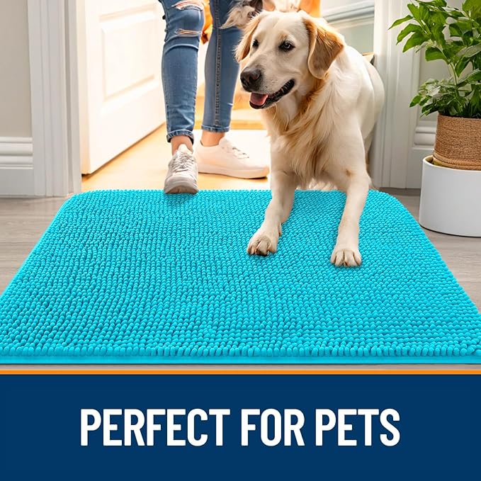 OLANLY Dog Door Mat for Muddy Paws 47x24, Absorbs Moisture and Dirt, Absorbent Non-Slip Washable Doormat, Quick Dry Chenille Mud Mat for Dogs, Entry Indoor Entryway Carpet for Inside Floor, Aqua Blue