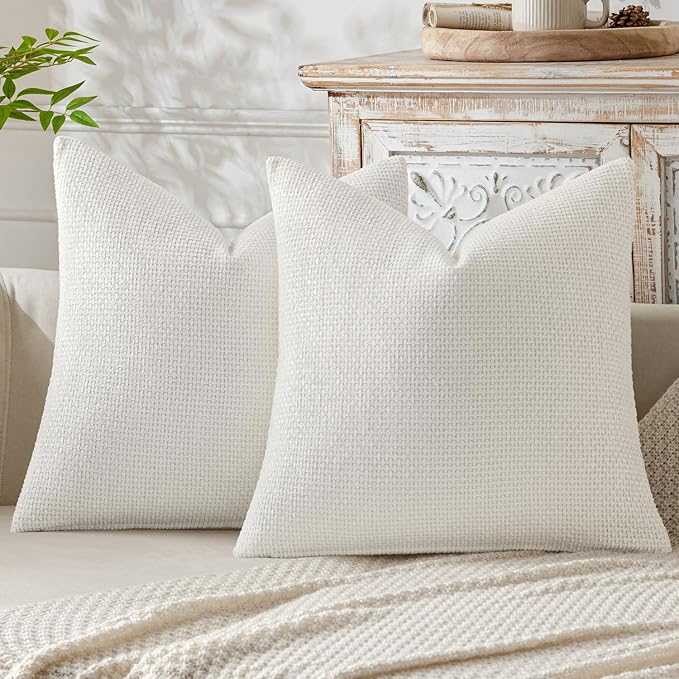 MIULEE Pack of 2 Couch Throw Pillow Covers 20x20 Inch Neutral Pure White Modern Boho Accent Decorative Pillow Covers Soft Chenille Farmhouse Cushion Covers for Home Decor Bed Sofa Living Room