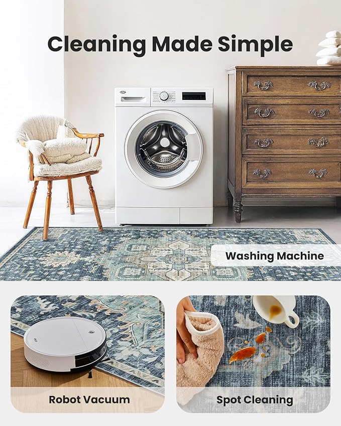AMADA HOMEFURNISHING 10x14 Washable Area Rug, Low-Profile Large Area Rug with Non-Slip Backing & Durable Edge Binding, Vintage Large Rugs for Living Room, Bedroom & Dining Room