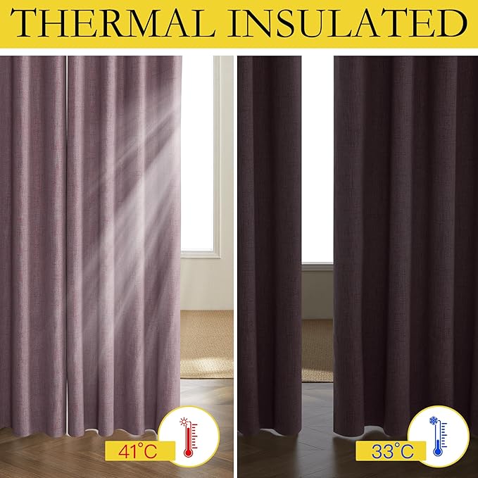 NICETOWN Chaise Mauve Vintage Linen 100% Blackout Curtains for Dining Room, Thermal Insulated Curtains 45" Long, Noise Reducing Window Treatment Drapes for Kitchen, 42" Wide Per Panel, Set of 2