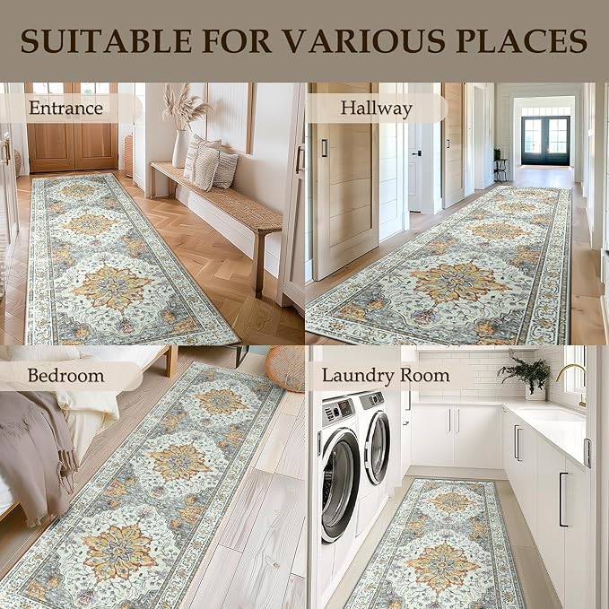 Area Rugs 2'x8' Runner Rug Non Slip Washable for Kitchen Hallway Bedroom Beside Laundry Room Bathroom Rug, Floor Carpet, Light Yellow Carbon Grey Orange