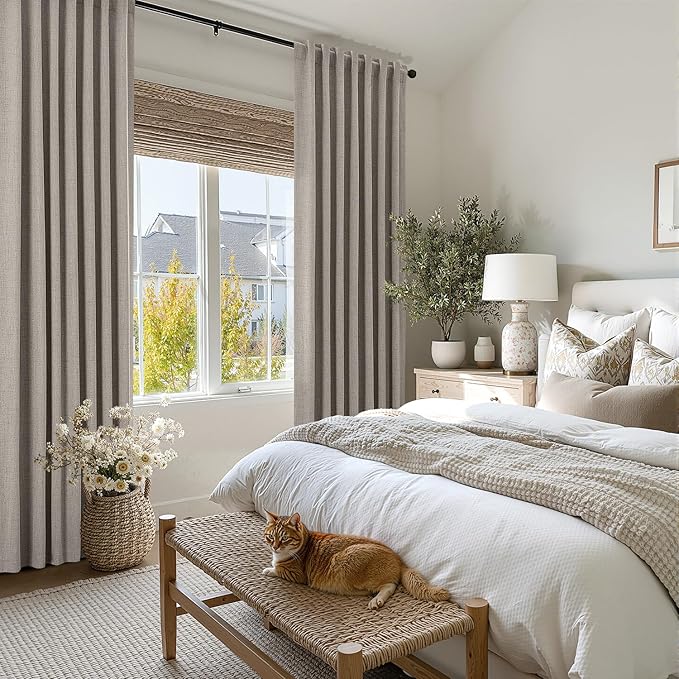 MIULEE 100% Blackout Linen Curtains for Bedroom, Greige Solid Luxury Decor Thermal Insulation Room Darkening Drapes for Living Room Nursery Back Tab Rod Pocket 42 x 72 Inches, 2 Panels