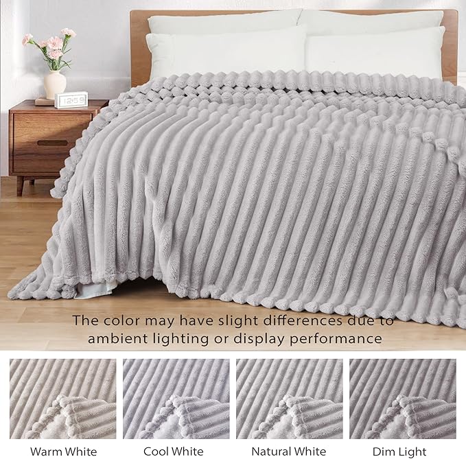 Exclusivo Mezcla Queen Size Flannel Fleece Blanket, Super Soft Striped Jacquard Bed Blanket, Lightweight Fuzzy Cozy for All Seasons, 90x90 Inches, Light Grey