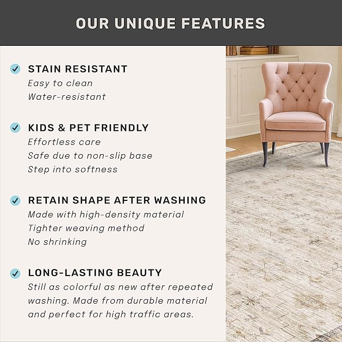 Hazo Haus Ivory 5x8 Area Rug for Bedroom, Home Office, Washable Non Slip Dinning Rugs for Under Table, Soft Low Pile Neutral Farmhouse Boho Living Room Décor