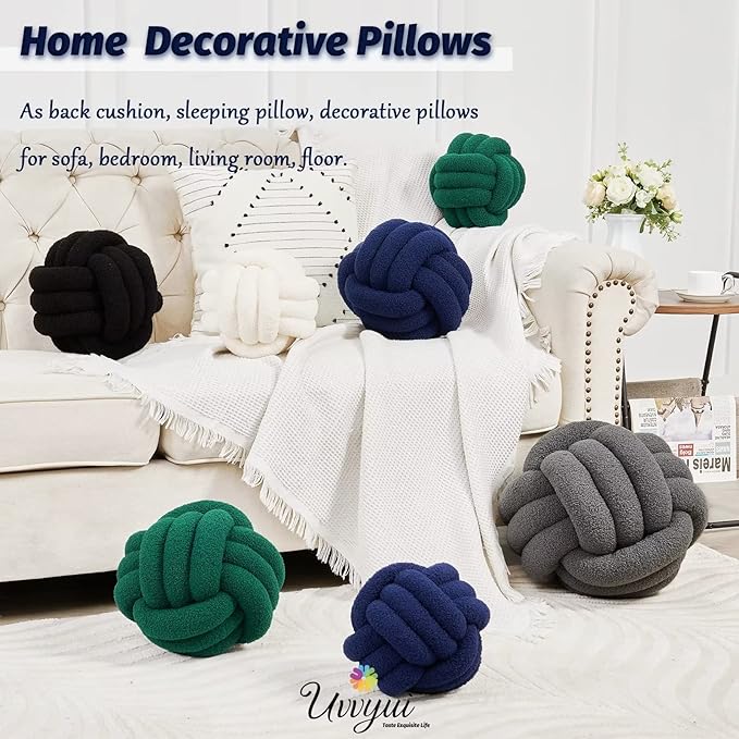 Uvvyui Knot Pillow Ball, Soft Home Decorative Pillows, Round Throw Pillow, Handmade Knotted Plush Pillow, Round Boucle Pillow Cushion (8.6 Inches Navy)