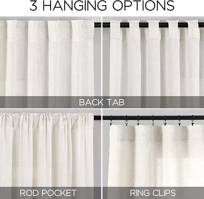 Beige White Kitchen Cafe Sheer Curtains 54 Inch Long 2 Panel Back Tab Linen Textured Light Filtering Short Neutral Bohemian Farmhouse Bedroom Bathroom Curtains 52Wx54L