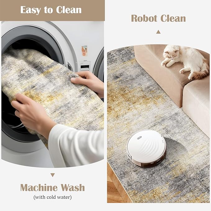 4x5 Washable Entryway Area Rug: Modern Abstract Runner Rugs Indoor Soft Non Slip Door Mat for Living Room Low Pile Thin Floor Carpet for Kitchen Dining Room Bedroom Home Office Decor(4x5,Grey/Yellow)